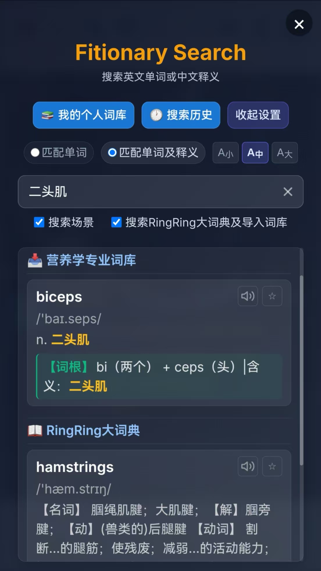 RingRing App 全局单词搜索 — 中英文关键词搜索结果页面